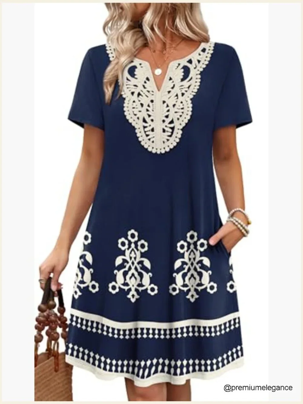 V-Neck Lace T-Shirt Dress, Polyester Spandex, Casual Wedding Guest Midi - Picture 2 of 7